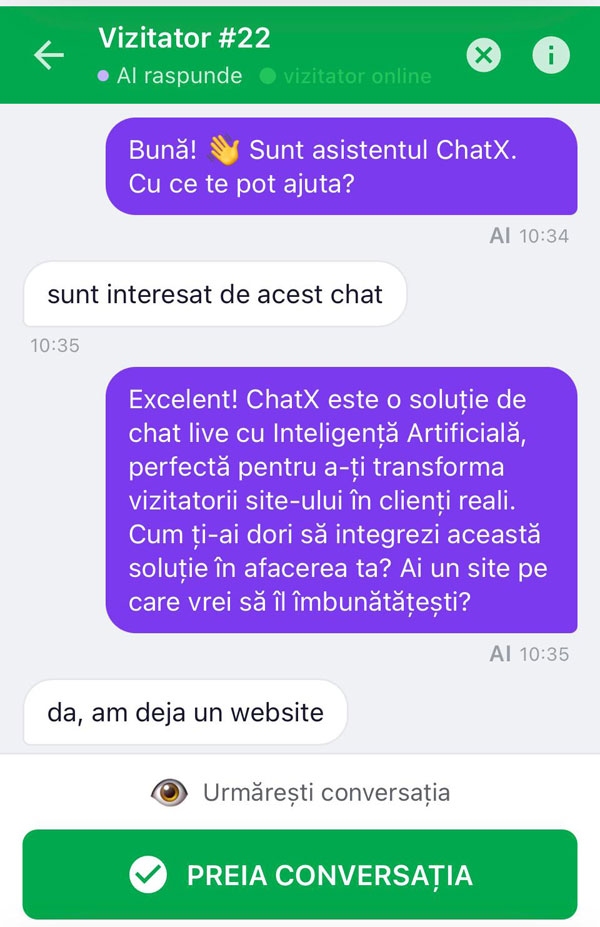 Operatorul ChatX urmărește conversația AI în timp real, pe telefon — butonul 'Preia conversația' afișat la baza ecranului
